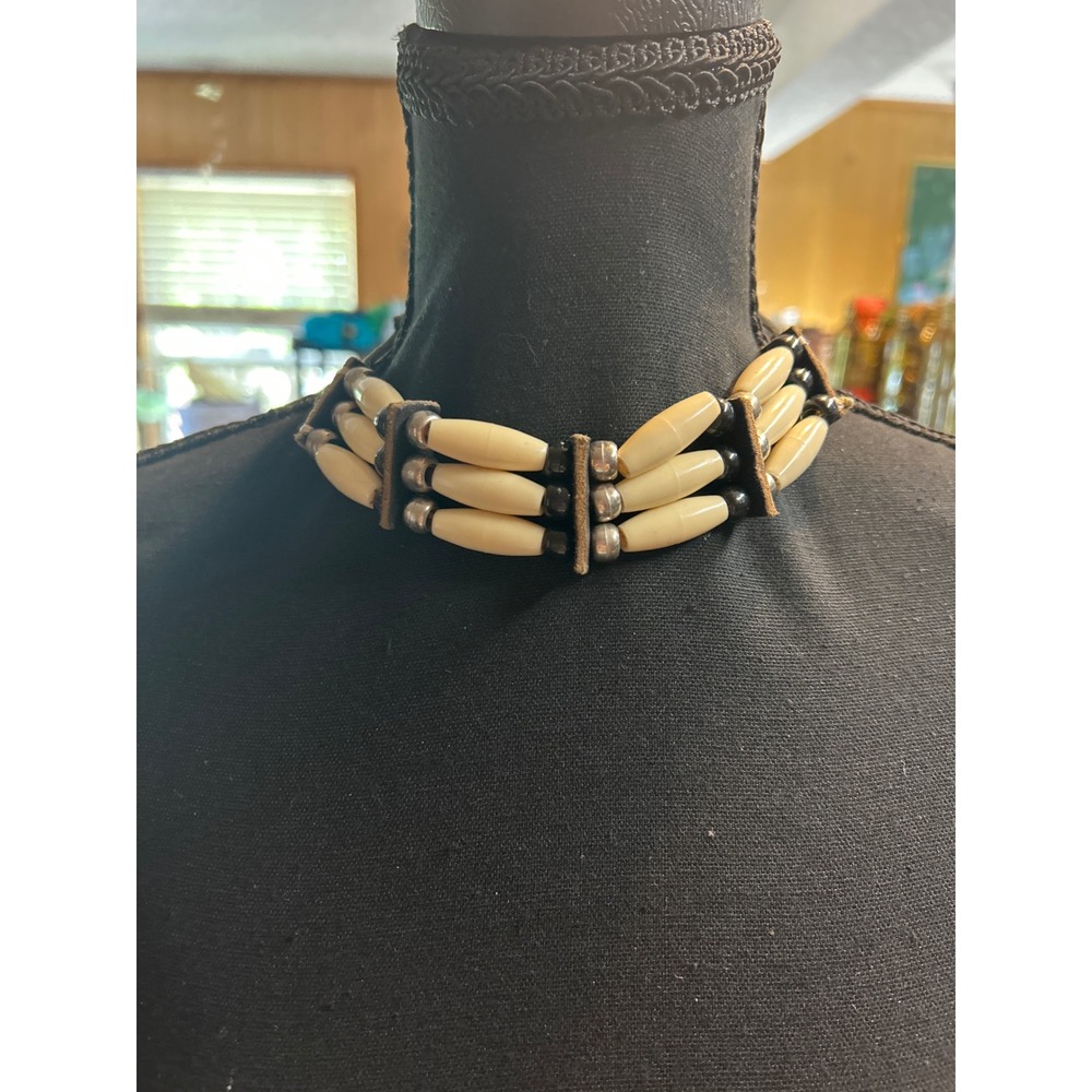 Vintage Boho Tribal 16" Beaded Necklace Cream Black Silver Statement Cord